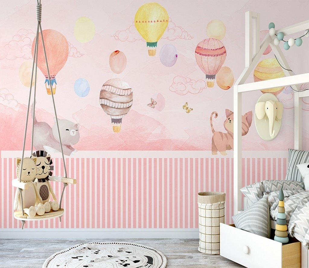 Watercolor Pink Sky with Cute Cat and Hot Air Balloon Wallpaper Mural - Peel and Stick
