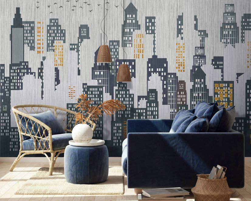 Watercolor City Silhouette Wallpaper Mural