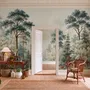 Vintage forest wallpaper mural with blue-grey trees, ivory blossom, red plants and toadstools around a misty path