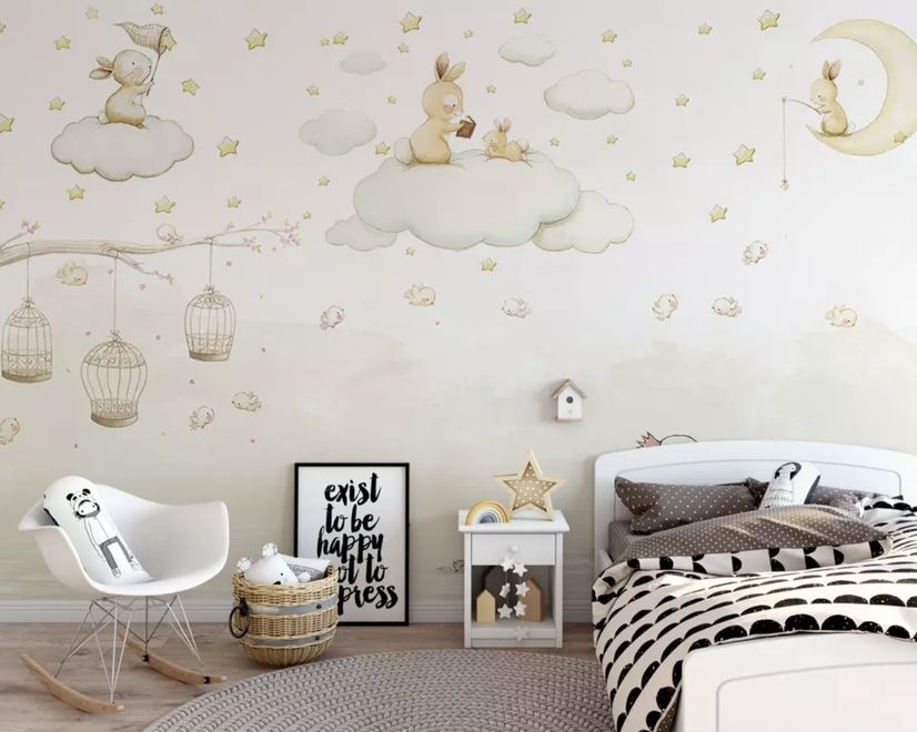 Papier peint lapins sur les nuages et cages vides