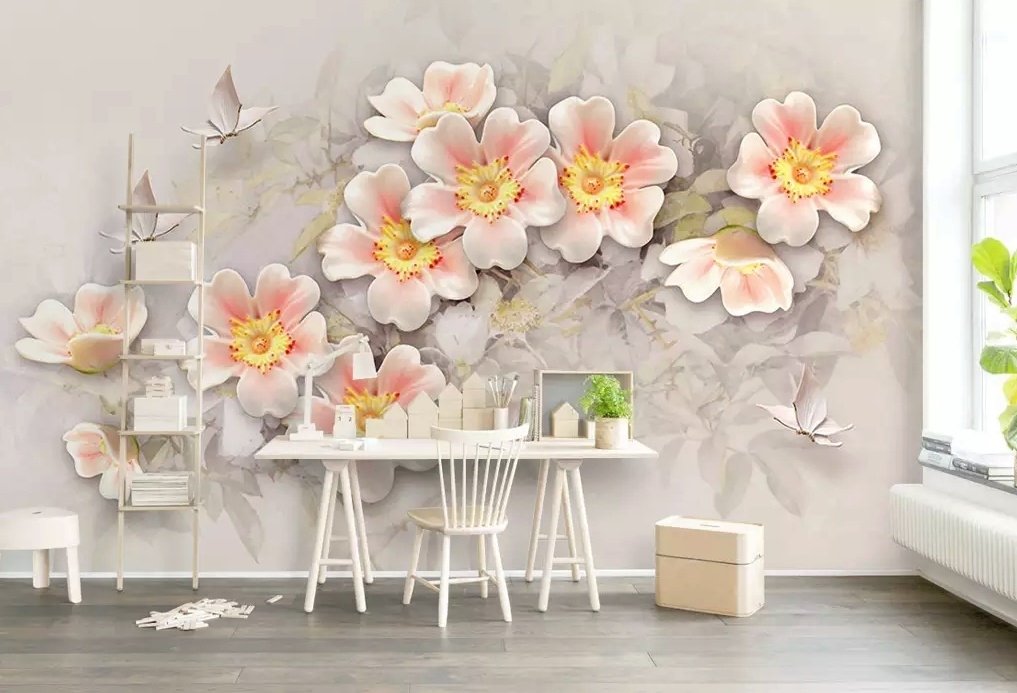 Pink Flower and White Butterfly Wallpaper Mural - Peel and Stick