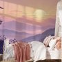 Stag mountain wallpaper with a navy deer silhouette, lavender pine ridges and a pale golden sun