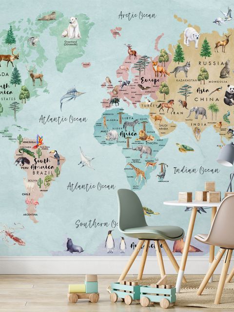 Papier peint panoramique aquarelle de la carte du monde pour les enfants