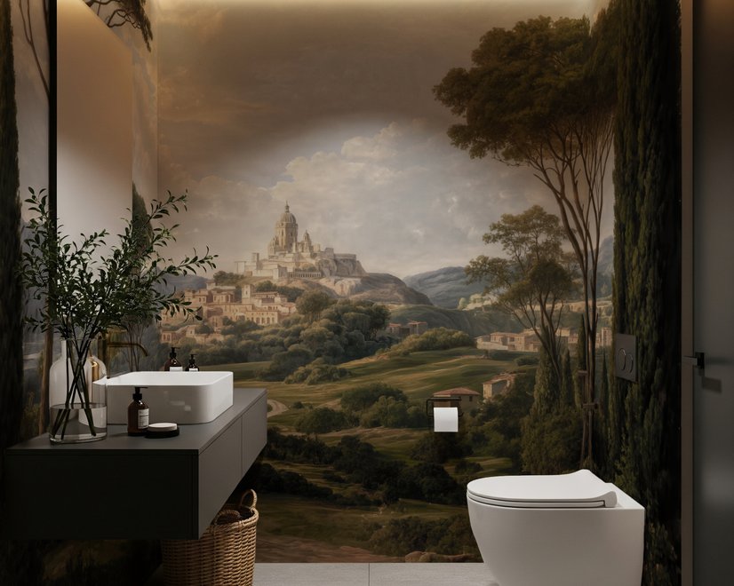 Vintage oil painting wallpaper of cypress trees, villas and a domed cathedral in an Italian landscape