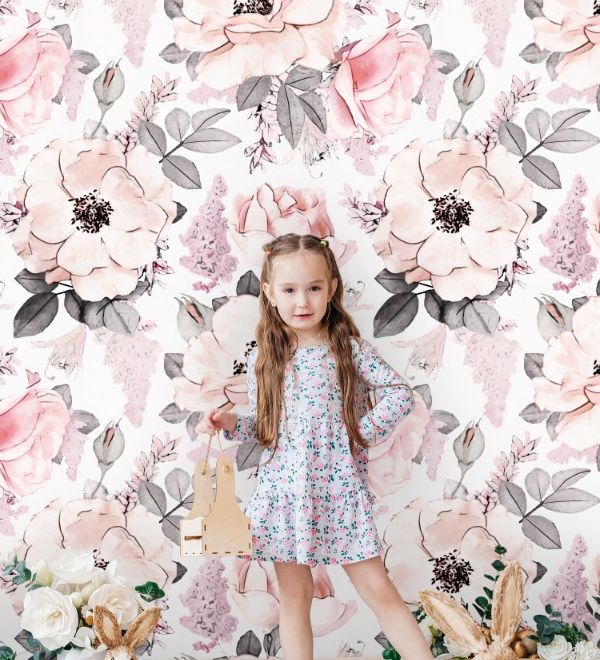 Papier peint floral rose doux et élégant pour enfants - motif apaisant pour chambre