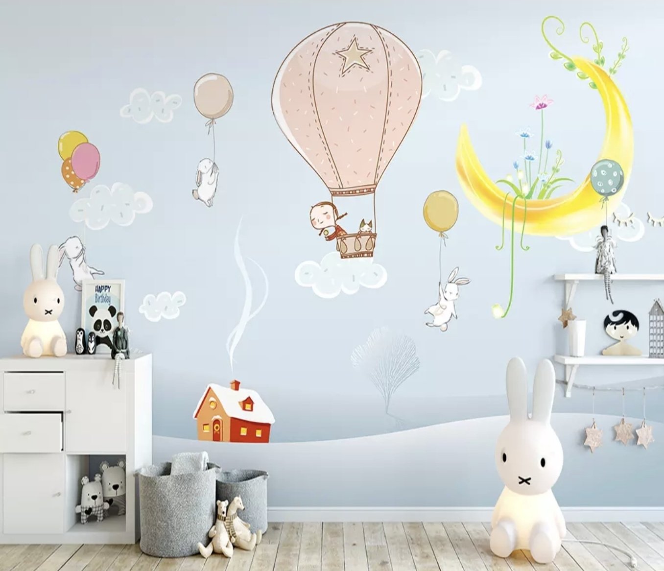 Cartoon Winterscape and Rabbit Flying Wallpaper Mural - Peel and Stick
