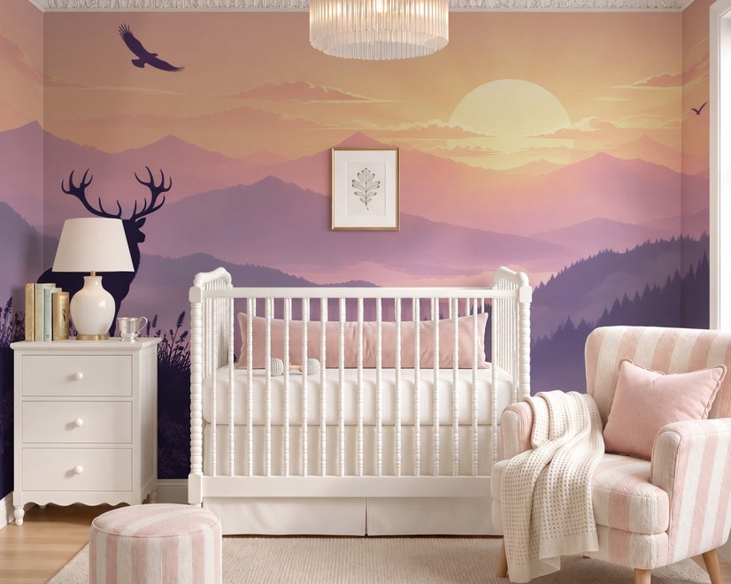 Stag mountain wallpaper with a navy deer silhouette, lavender pine ridges and a pale golden sun