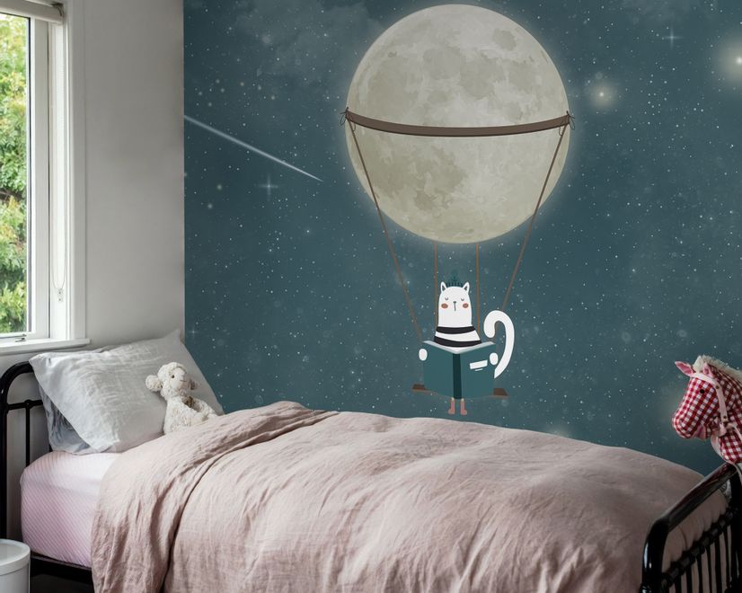 Swinging Cat with Shining Moon Children Wallpaper Mural