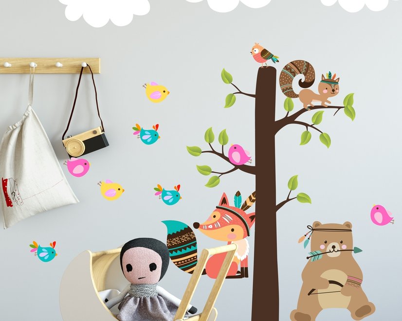 Kids Cute Fox and Bear and Cartoon Tree with Little Birds Wall Decal Sticker