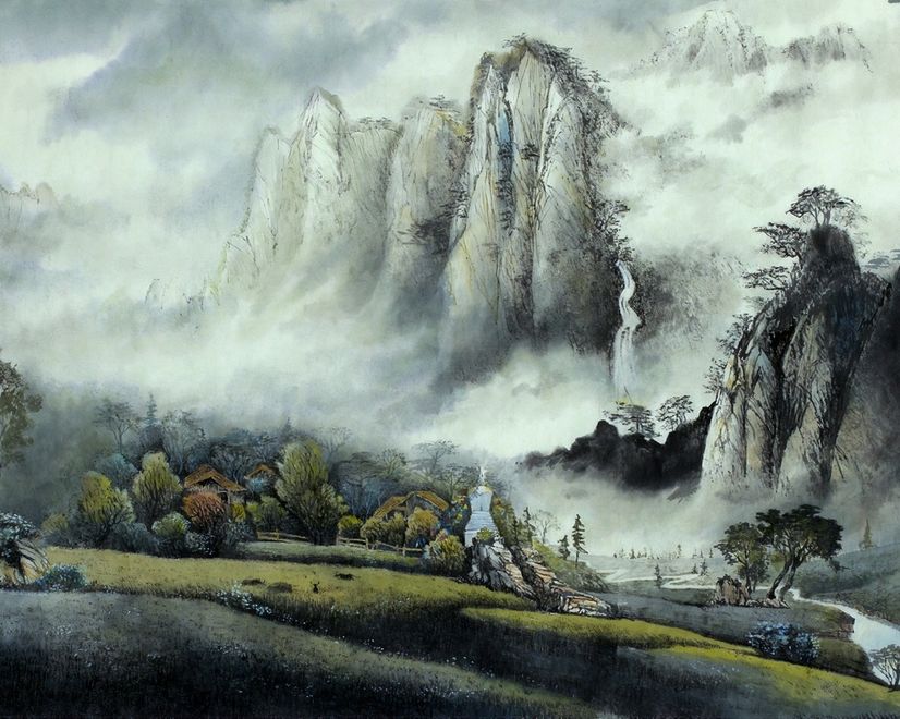 Misty Chinese Mountain Landscape and Waterfalls Wallpaper Mural