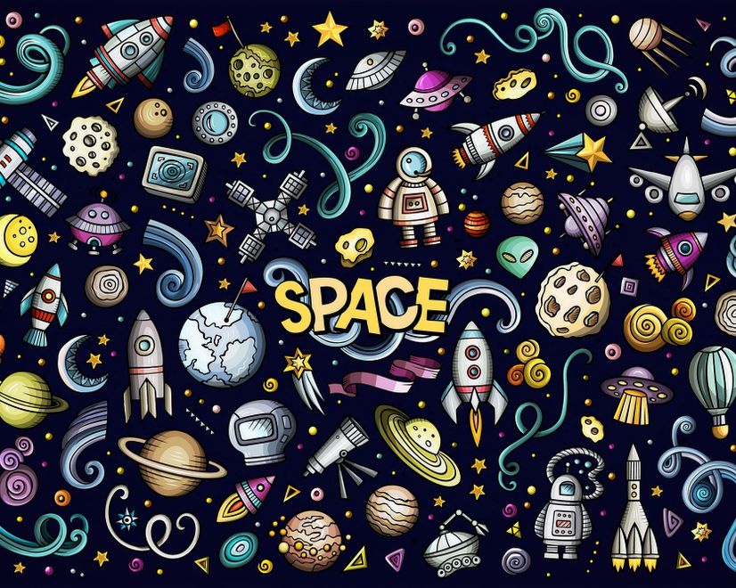 Kinder Cartoon-Weltraum mit Astronaut und bunten Planeten Fototapete