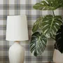 Beige, oat and cream-white plaid wallpaper with fine navy-blue stripes and printed linen texture