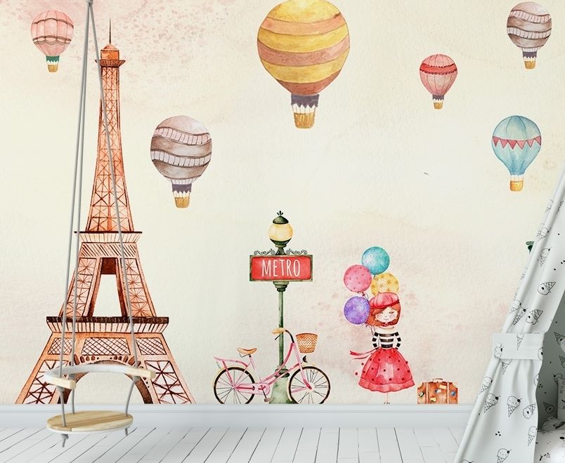 Eiffel Tower and Little Hot Air Balloon Wallpaper Mural