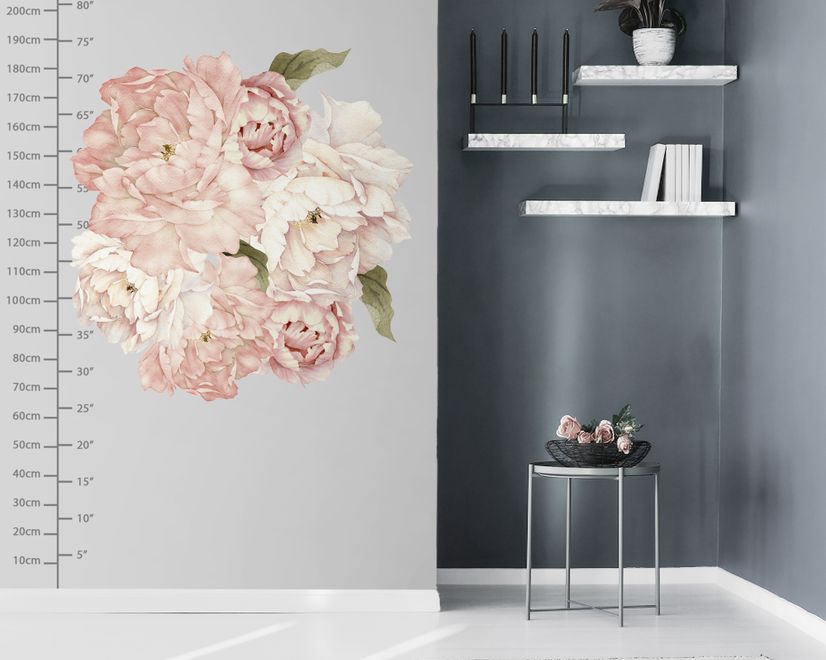 Pink Peony Floral Bouqets with Green Leaves Wall Decal Sticker