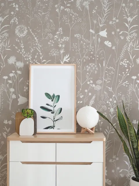 Bohemian Style Neutral Color Wild Flowers Art Wallpaper Mural