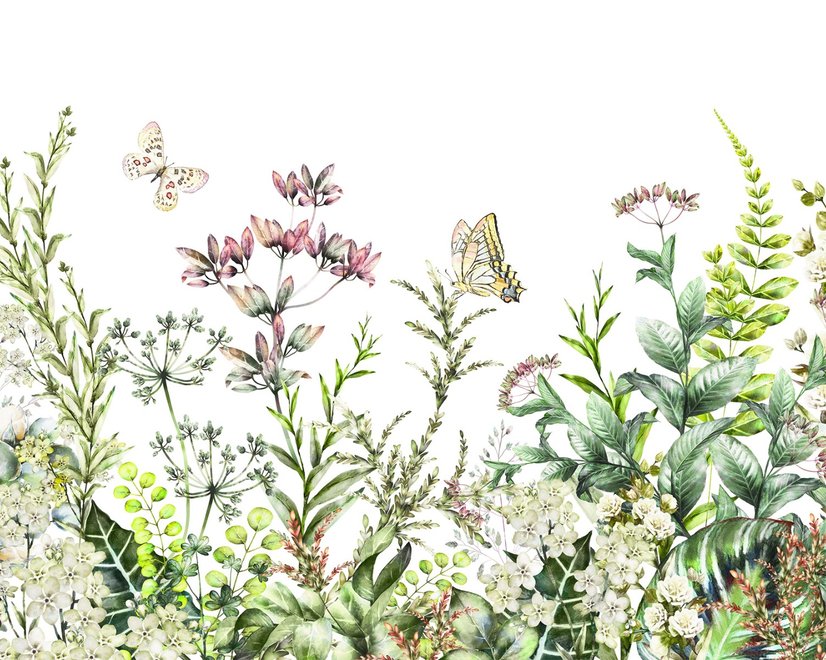 Fototapete Wilde Blumen und frische grüne Blätter