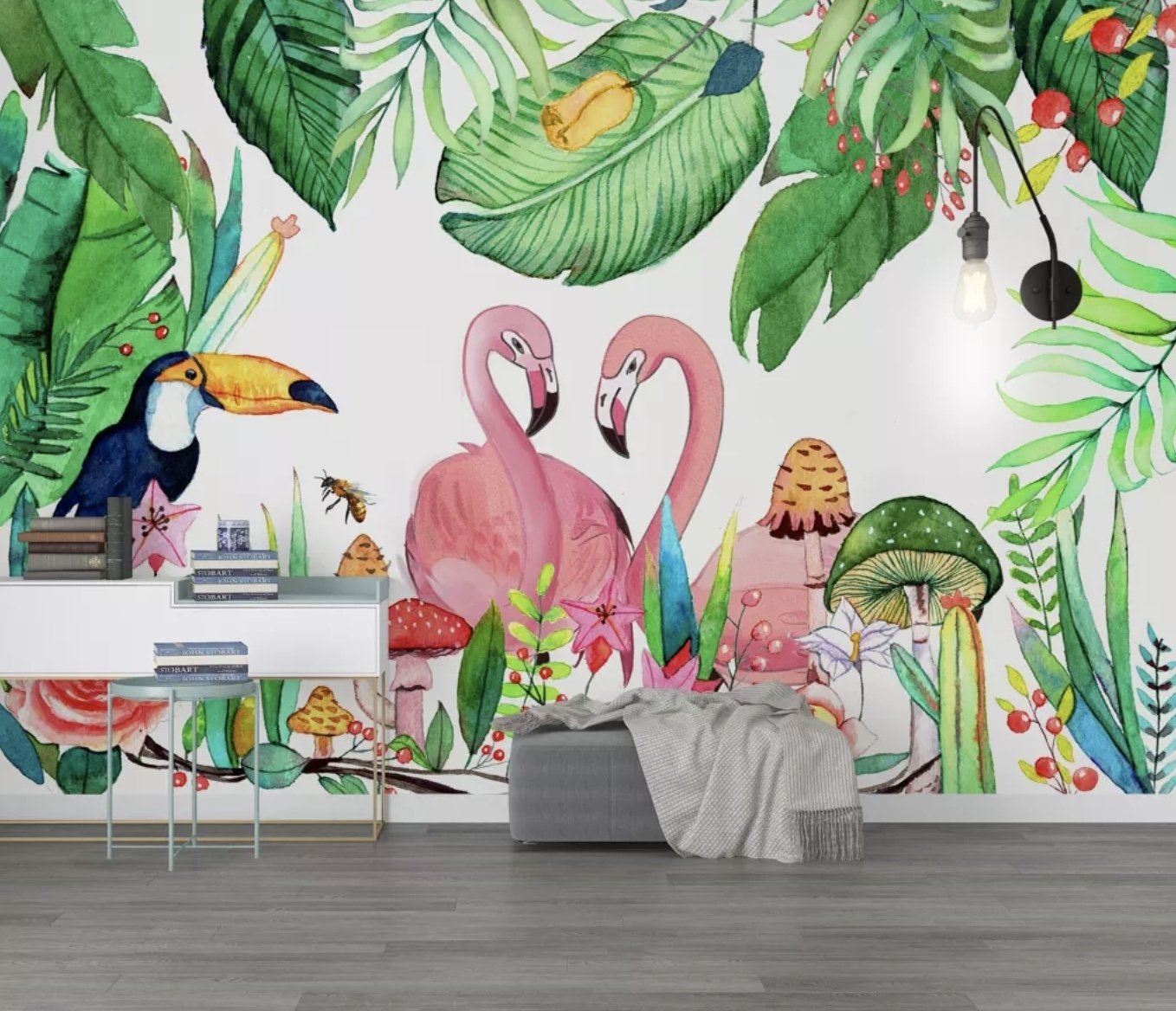 Flamingos with Toucan Bird Wallpaper Mural - Peel and Stick