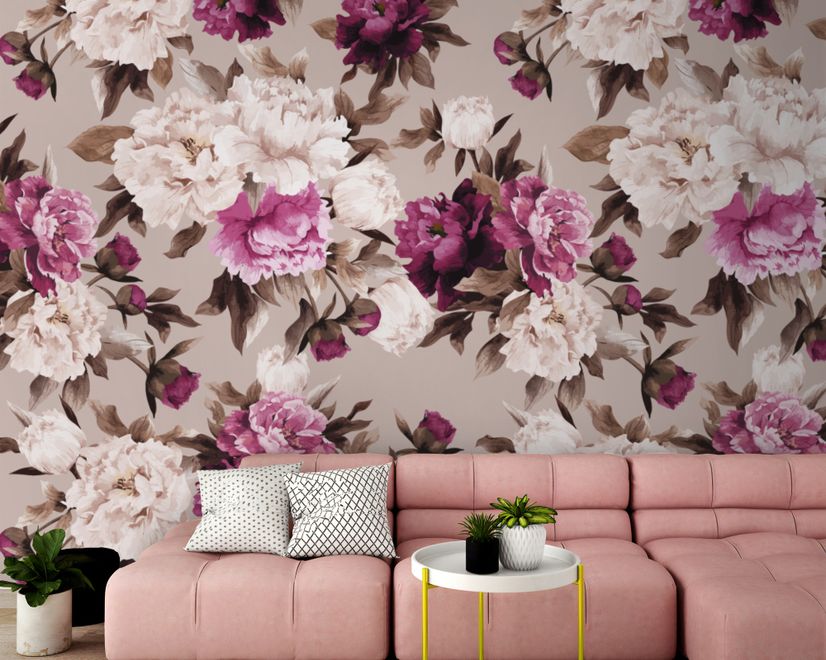 Papier peint panoramique floral crème rose pivoine