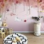 Papier peint panoramique forêt rose avec chats et hibou