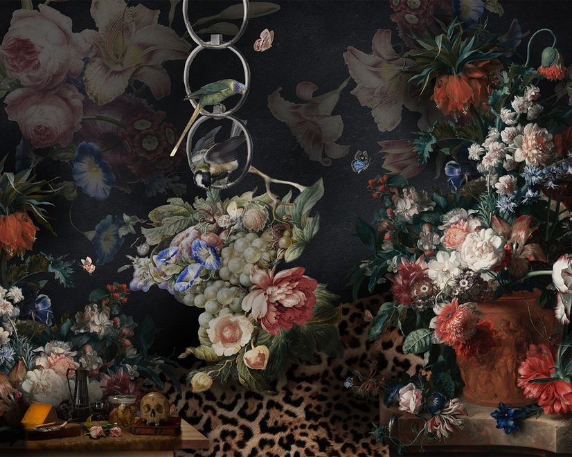 Dark Dutch Floral Bouquet with Birds Wallpaper Mural