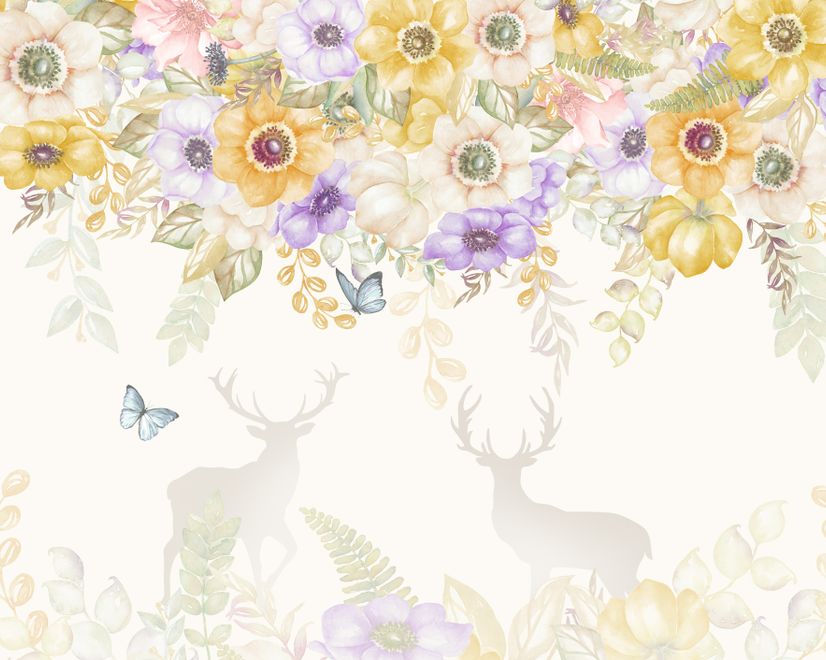 Yellow Floral Art with Horned Deer Wallpaper Mural