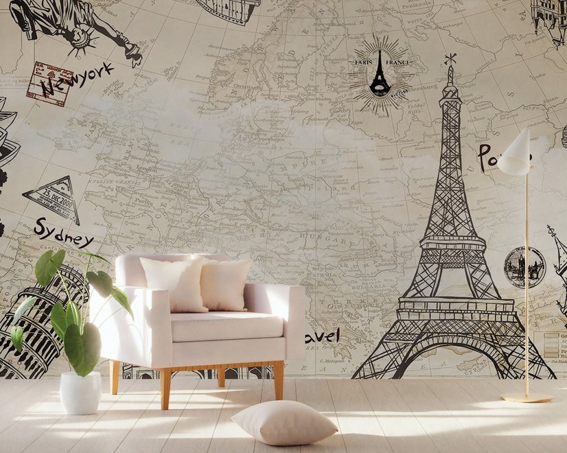 Vintage Map with Eiffel Tower Statue of Liberty Wallpaper Mural