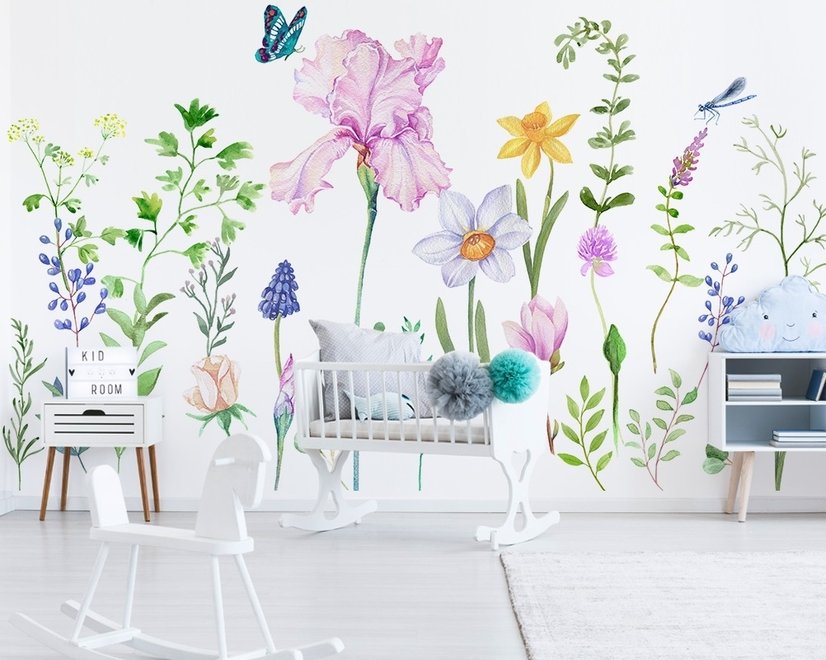 Papier peint panoramique de fleurs colorées de dessins animés