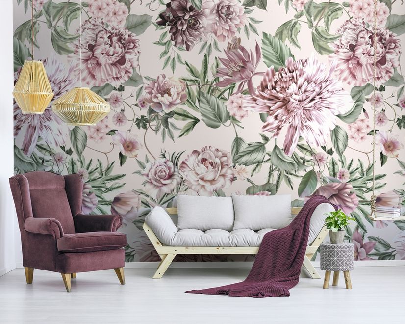 Florals With Green Leafs Wallpaper Mural