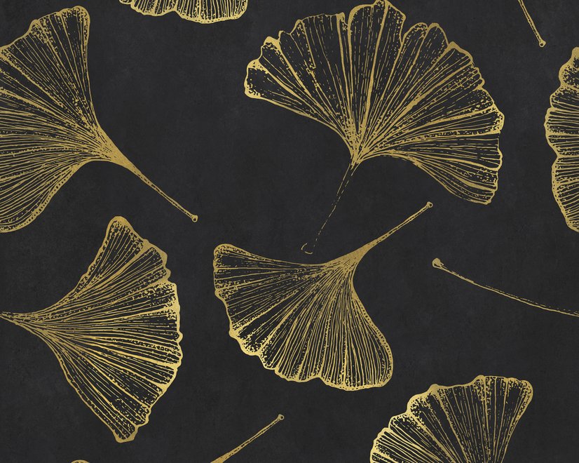 Black wallpaper with antique metallic gold ginkgo leaves on a mottled charcoal ground