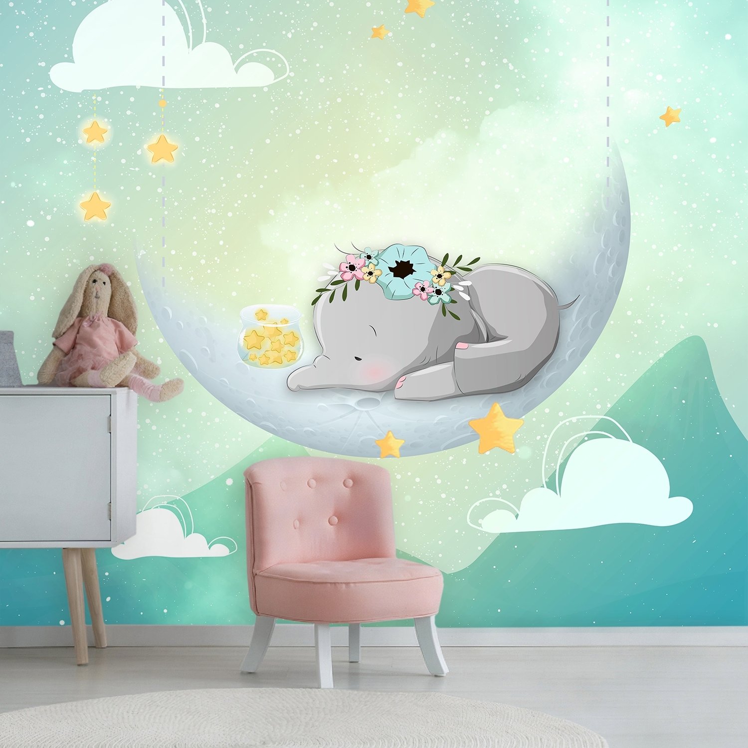 Watercolor Cute Elephant with Moon Wallpaper Mural - Peel and Stick