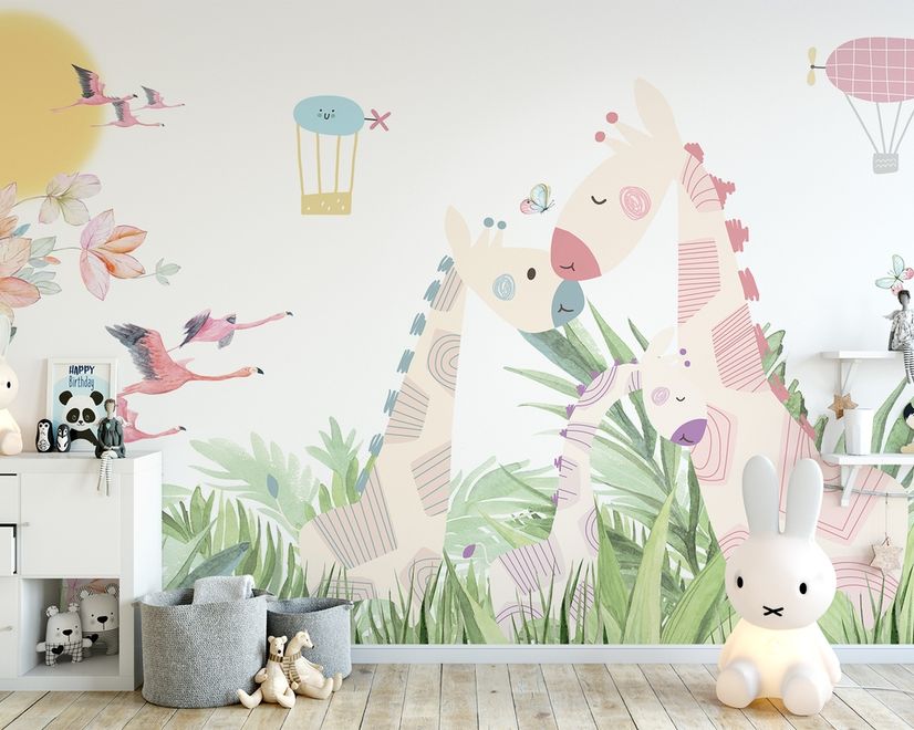 Nursery Tropical Landscape with Cute Girrafes Wallpaper Mural