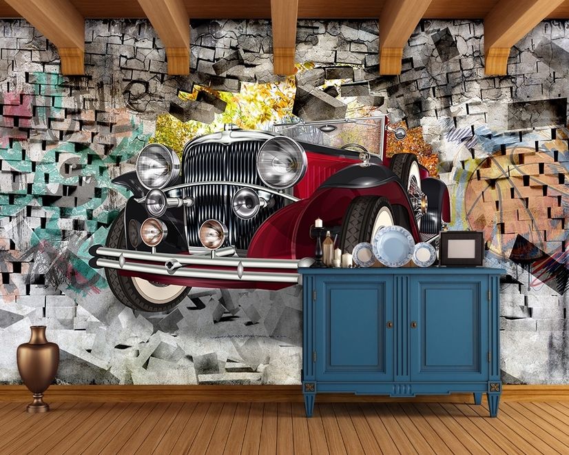 Vintage Car with Graffiti Brick Wallpaper Mural