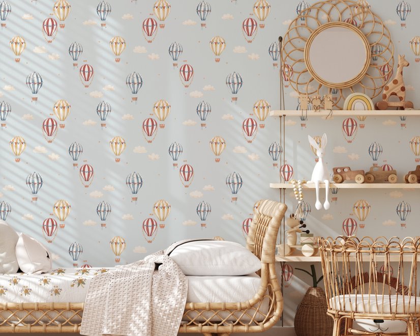 Hot air balloon wallpaper with watercolor balloons, ivory clouds and peach gold stars on pale powder blue