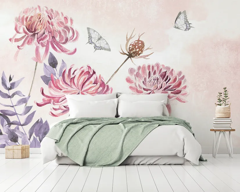 Retro Watercolor Pink Dandelion Flower Art Wallpaper Mural