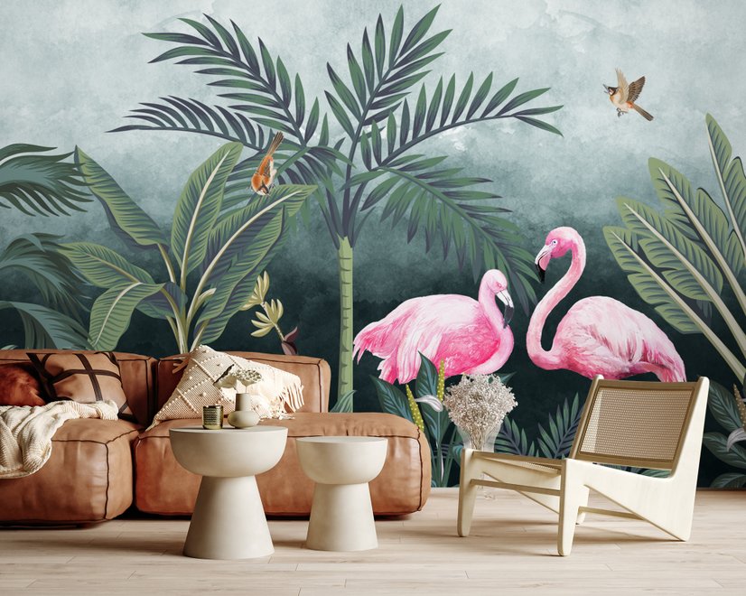 Pink Flamingo mit Vintage-Wald Fototapete