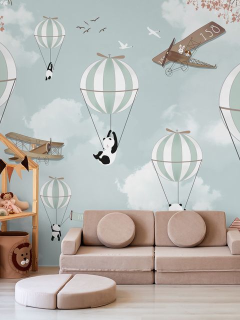 Papier peint Pandas de dessins animés et montgolfières