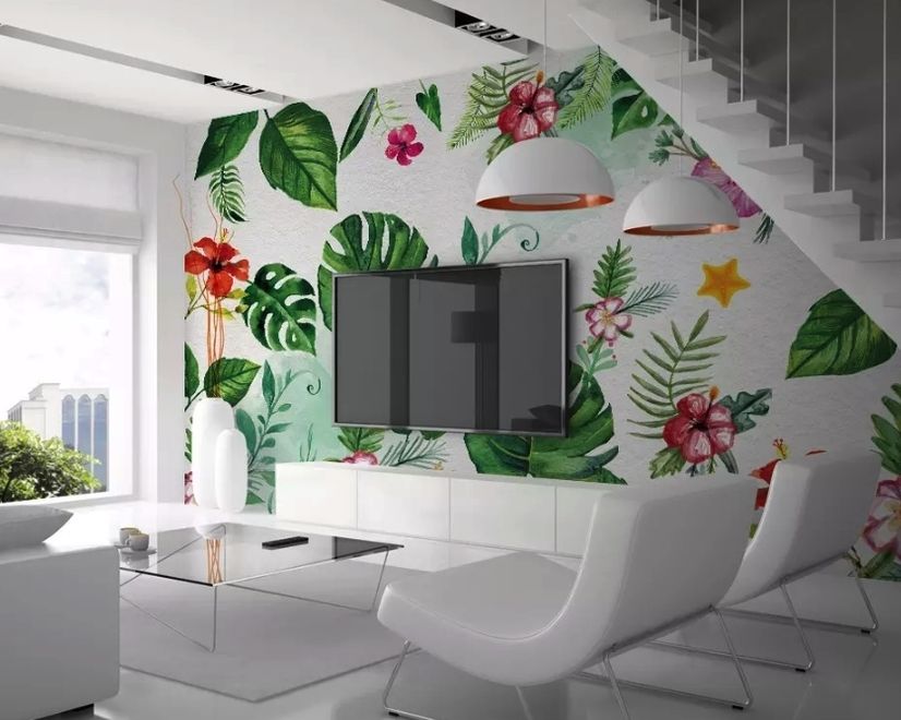Colorful Mirabilis Flowers and Tropical Leaves Wallpaper Mural