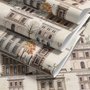 Vintage city wallpaper with illustrated European townhouses, lamps, bicycles, benches and orange-gold trees