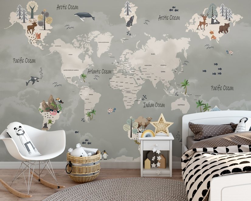 Papier peint panoramique de la carte du monde pour les enfants