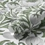 Sage green botanical floral wallpaper with white poppy flowers, lobed leaves and dotted seed centres