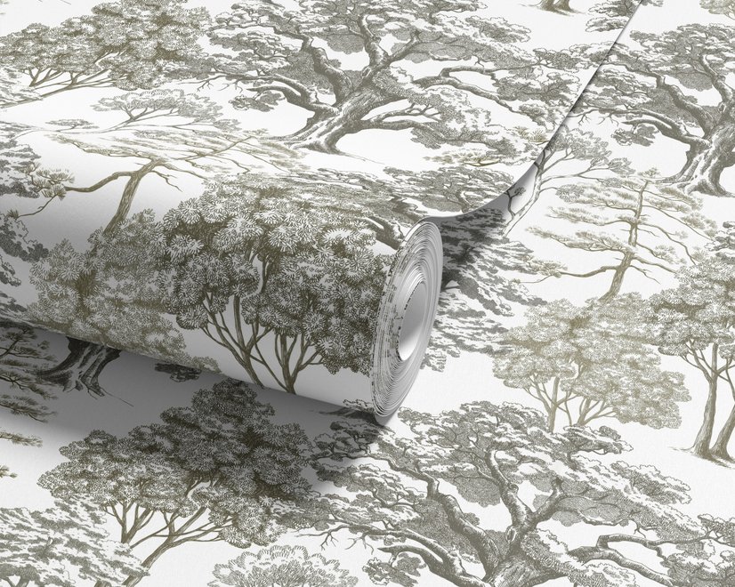 Monochrome wallpaper with grey tree toile on a clean white ground