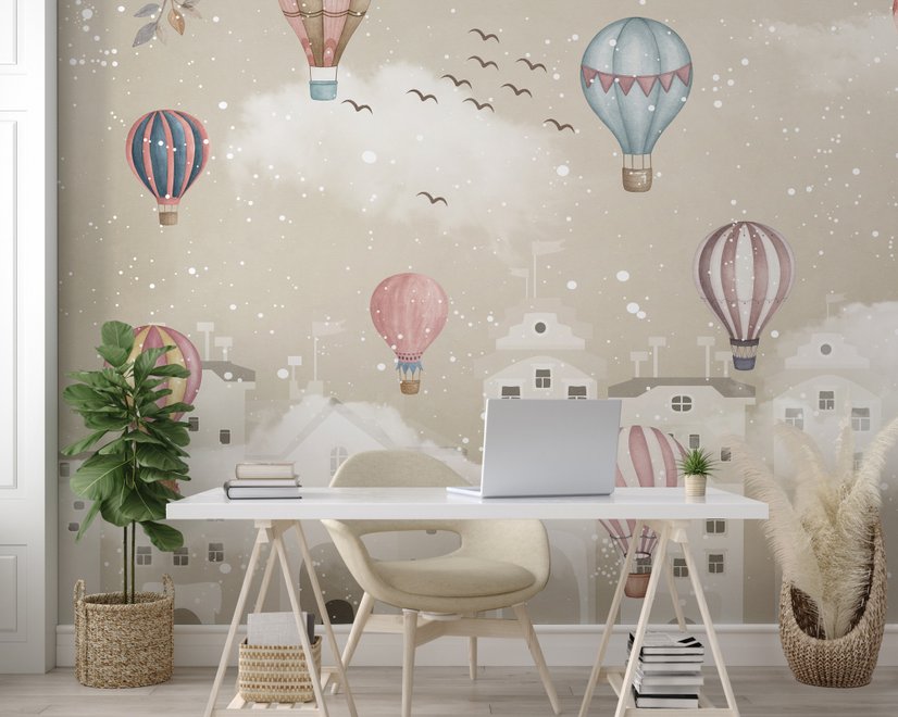 Papier peint chambre d'enfant hiver et montgolfière