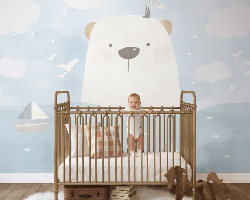 Cartoon Bear with Nightscape Wallpaper Mural