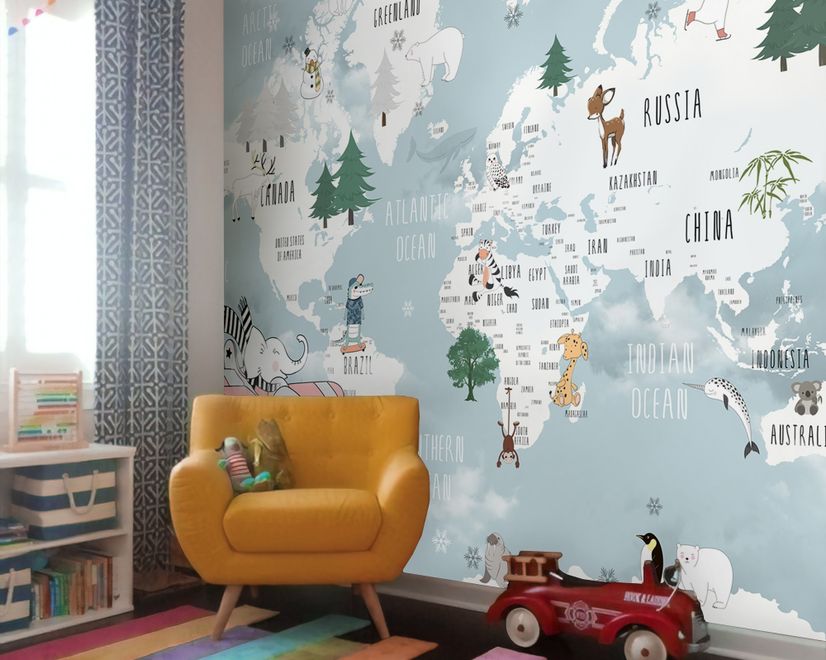 Papier peint panoramique carte monde bleue animaux éléphant volant enfants