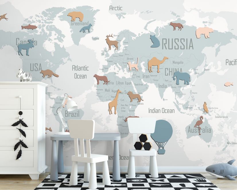 Kinder Blaue Politische Weltkarte mit Bunte Tiersilhouetten Fototapete
