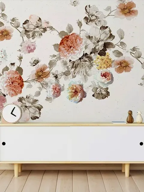 Vintage Orange Brown Flowers Wallpaper Mural