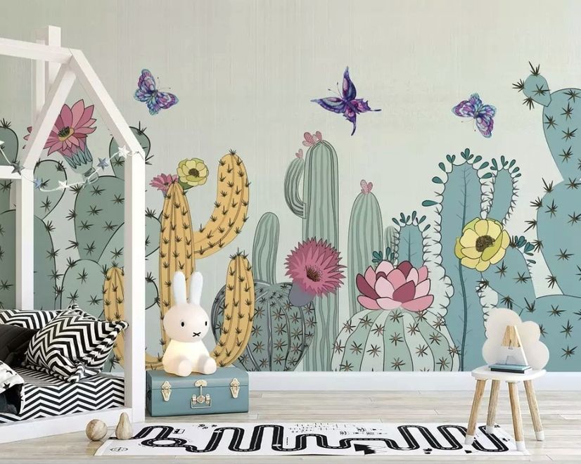 Watercolor Drawing Cactuses and Butterfly Wallpaper Mural