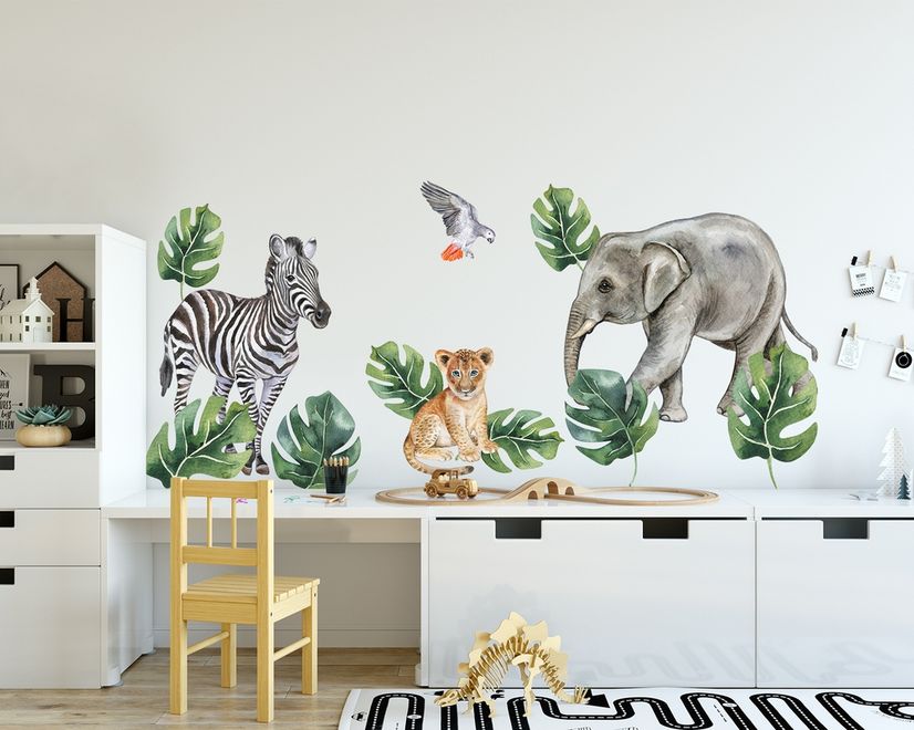 Kids Tropical Animals with Leafs Wall Decal Sticker