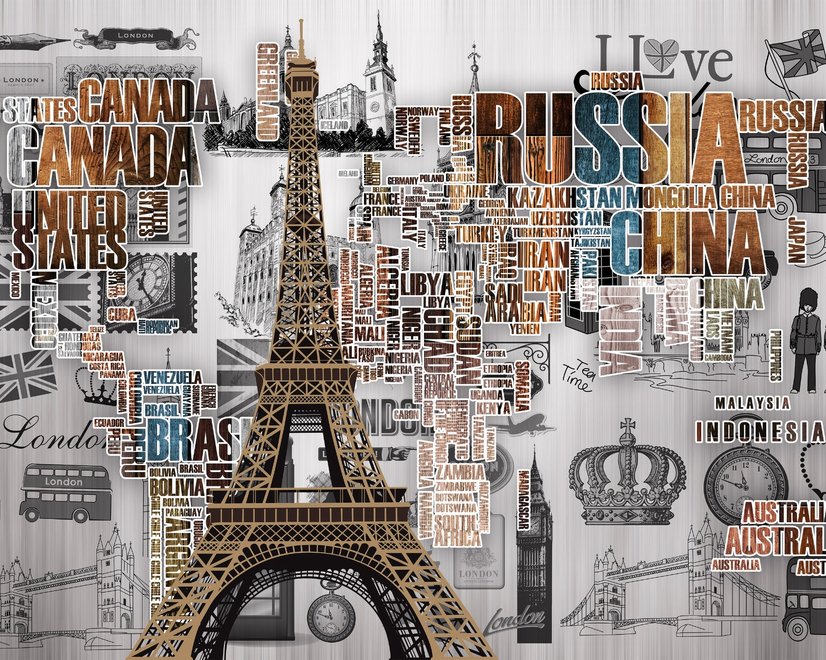 Eiffelturm und Länder-Typografie Fototapete