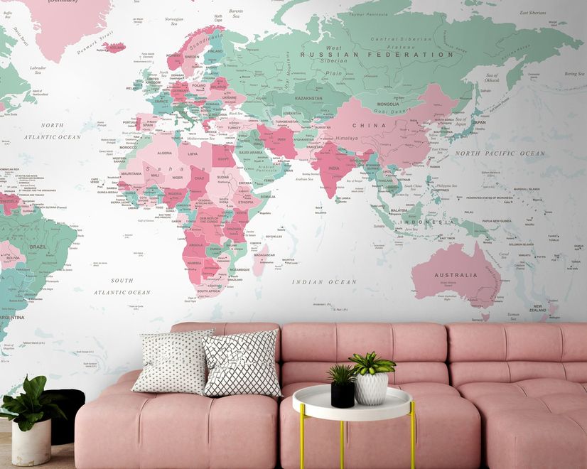 Pink and Green Political World Map Wallpaper Mural